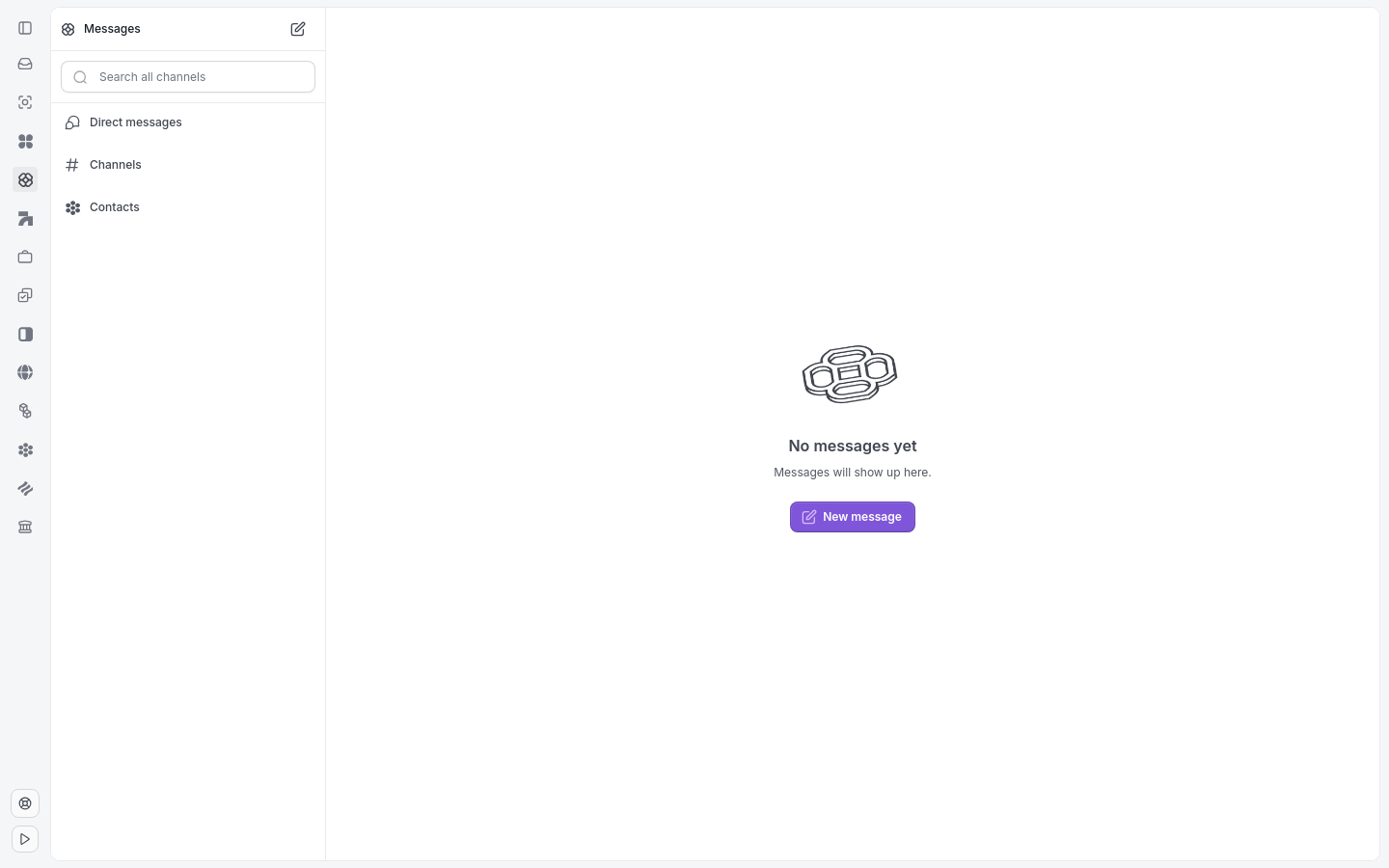 Messages overview with Direct Messages, Channels, and Contacts sections