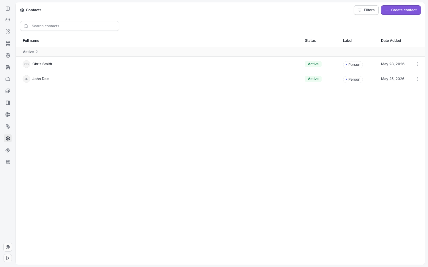 Contacts list with the create contact button