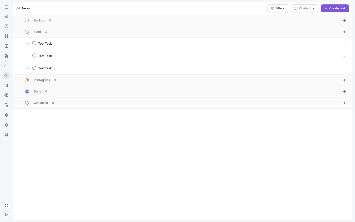 Tasks list with the create task button