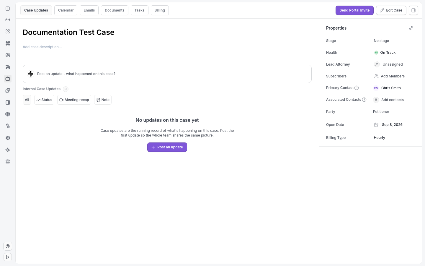Client portal access managed from the case page