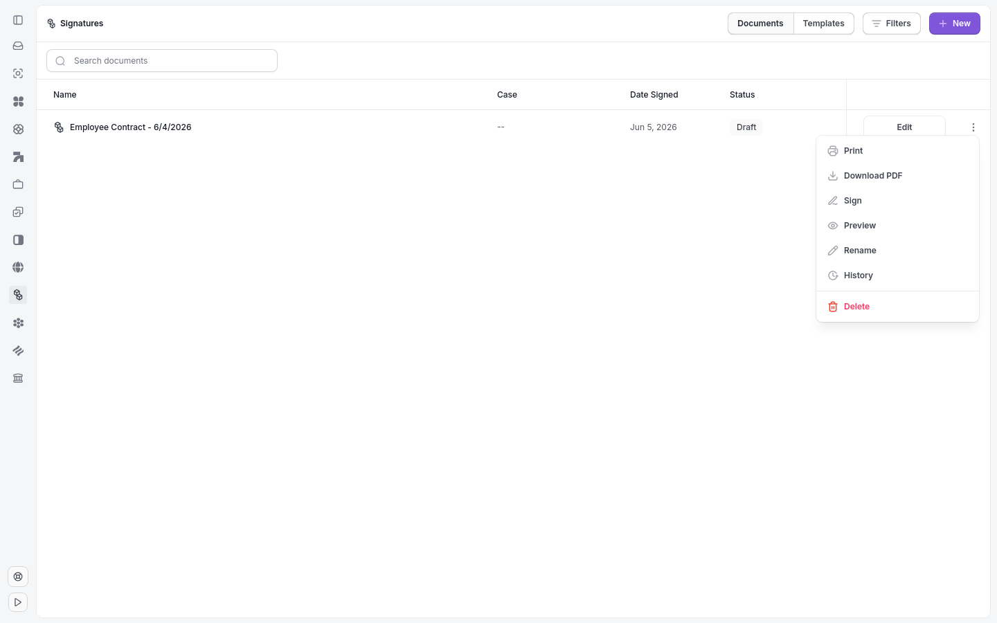 Signatures list with documents and send action