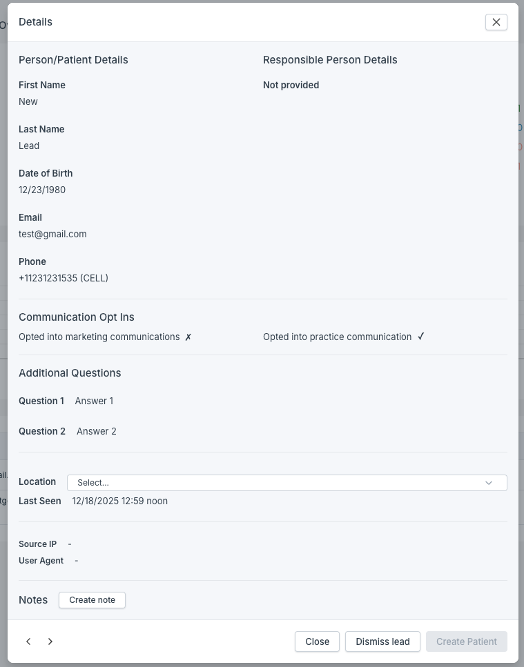 Example lead with no location and custom questions in PMS