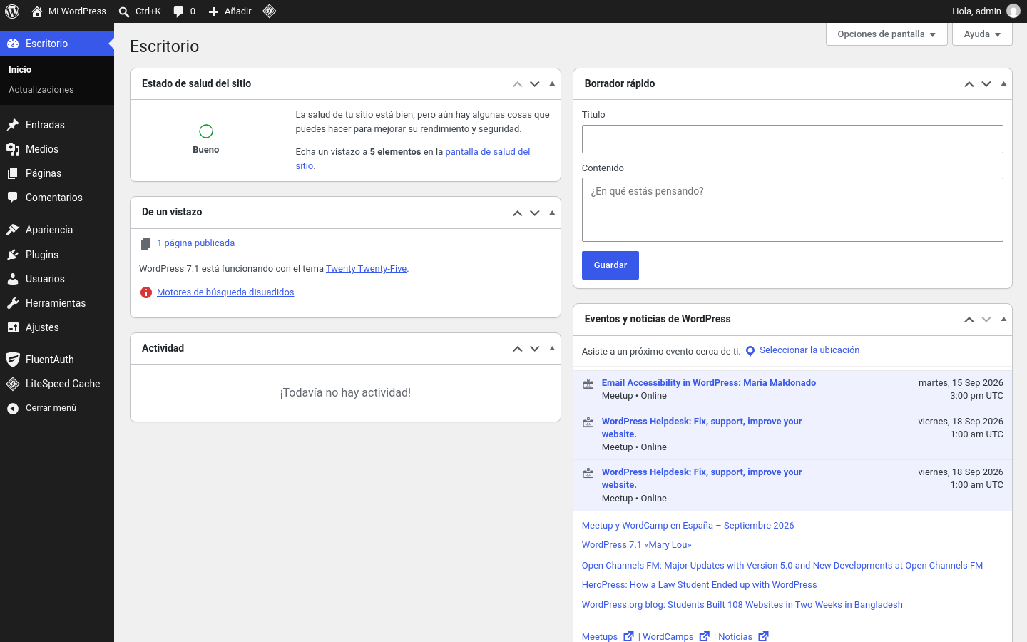 Escritorio de WordPress con el menú de administración a la izquierda