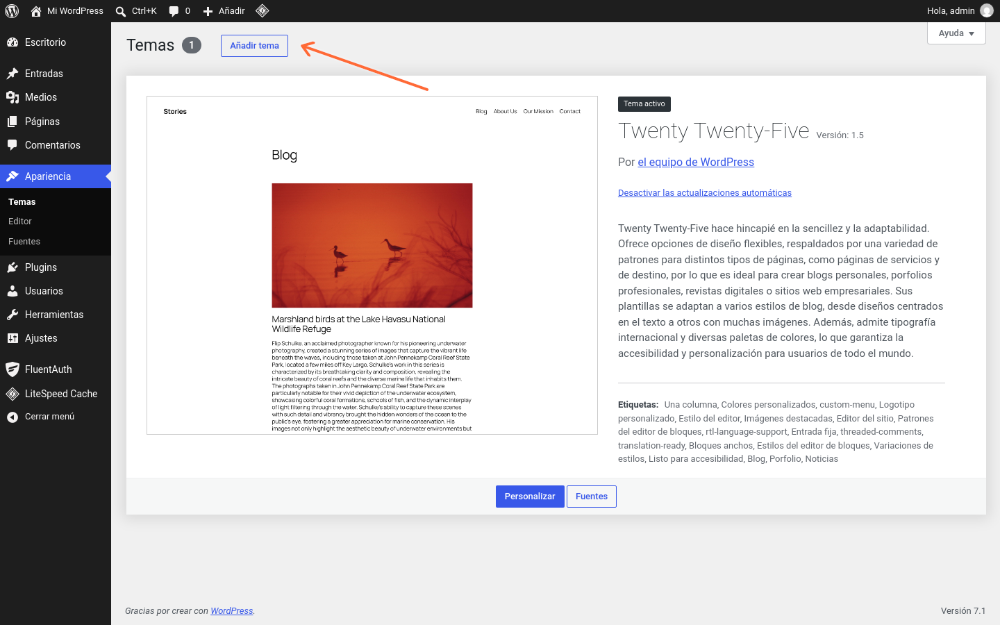 Pantalla de Temas de WordPress con el botón Añadir nuevo señalado