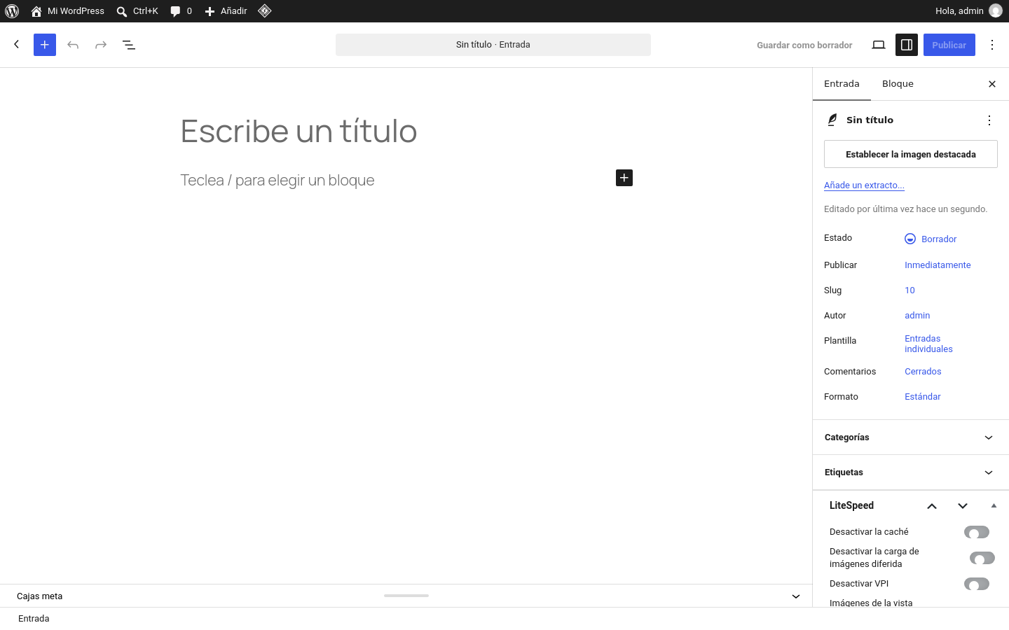 Editor de bloques de WordPress con una entrada nueva en blanco