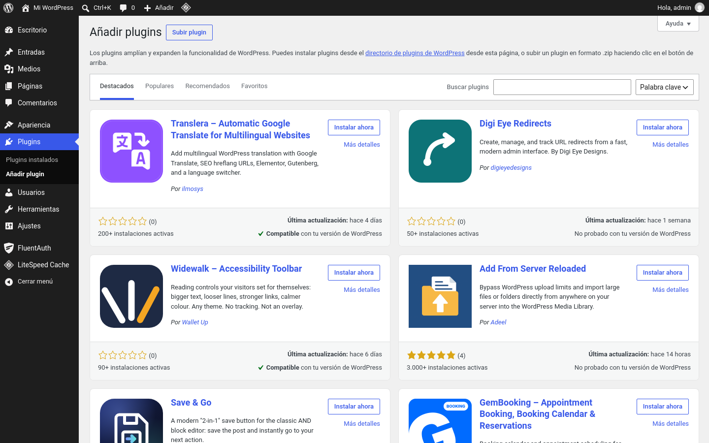 Pantalla de plugins de WordPress con el buscador para instalar nuevos