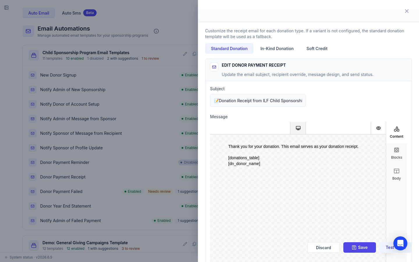 Donor Payment Receipt editor with the Standard Donation, In-Kind Donation, and Soft Credit variant tabs