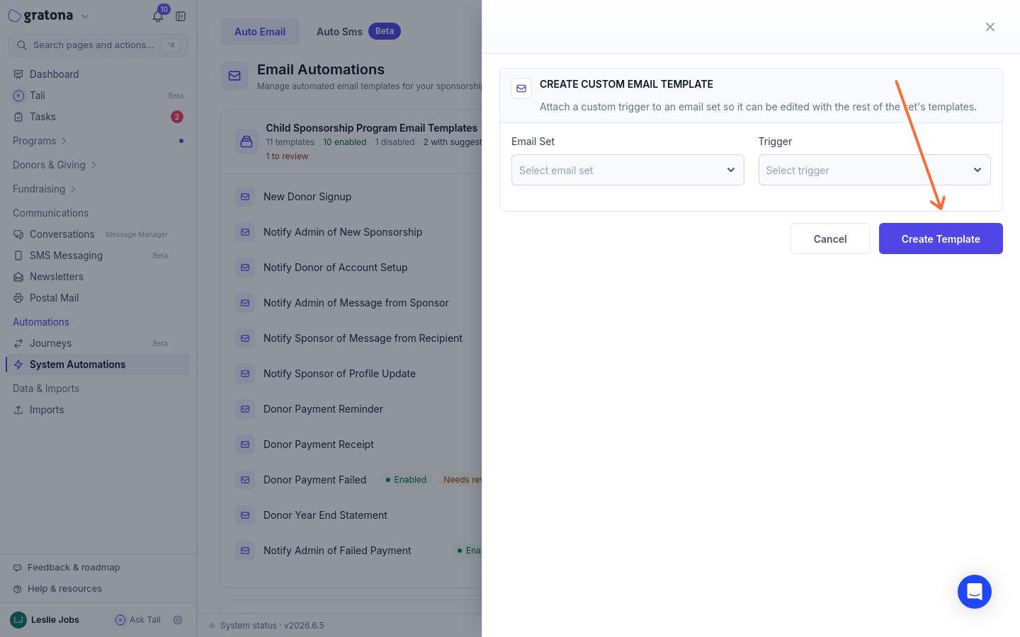 Create Custom Email Template drawer with Email Set and Trigger fields