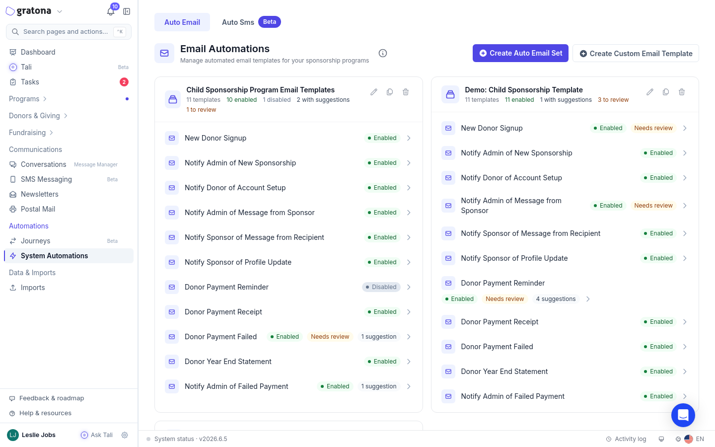 Email set card showing custom templates alongside default templates