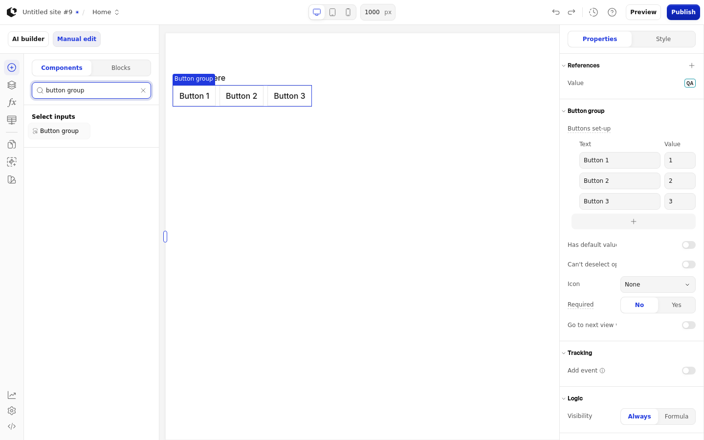 The Button group element on the canvas inside a Section, with the add-element panel open and filtered to show only the Button group element.