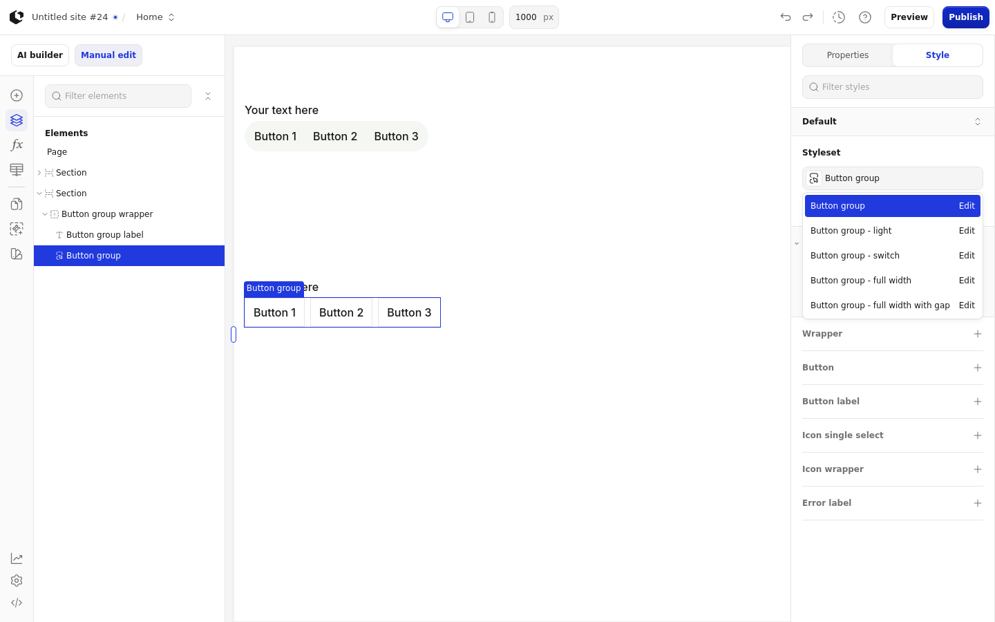 The Style tab with the style sets dropdown open, listing the Button group style sets: Button group, Button group - light, Button group - switch, Button group - full width, and Button group - full width with gap.