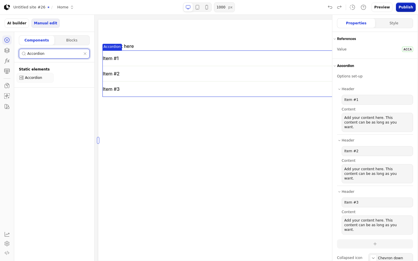 The Accordion element on the canvas inside a Section, with the add-element panel open and the Accordion selected in the components list.