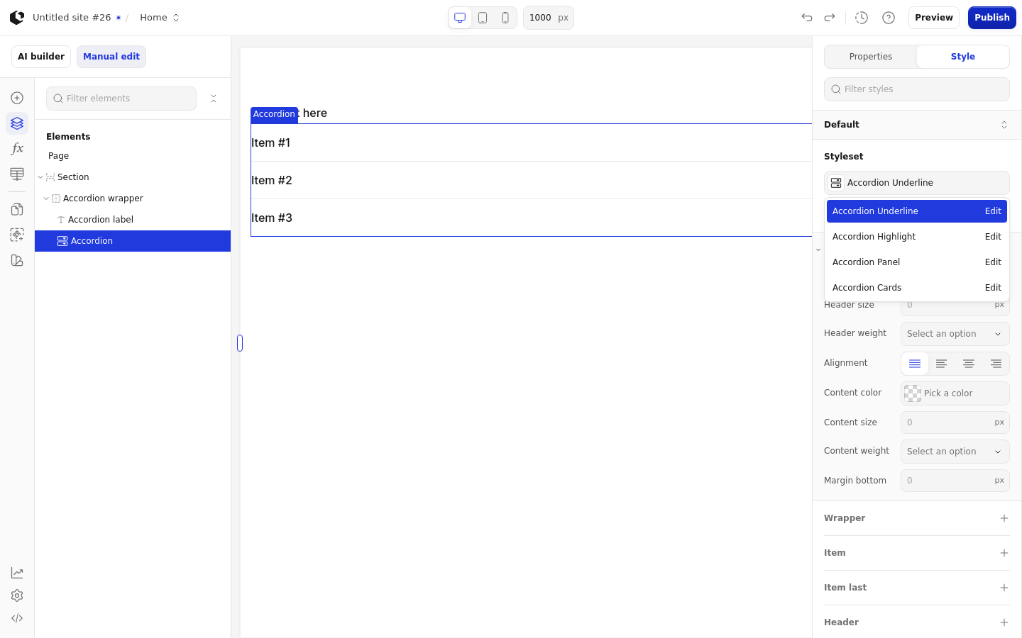 The Style tab with the style sets dropdown open, listing the Accordion style sets: Accordion Underline, Accordion Highlight, Accordion Panel, and Accordion Cards.