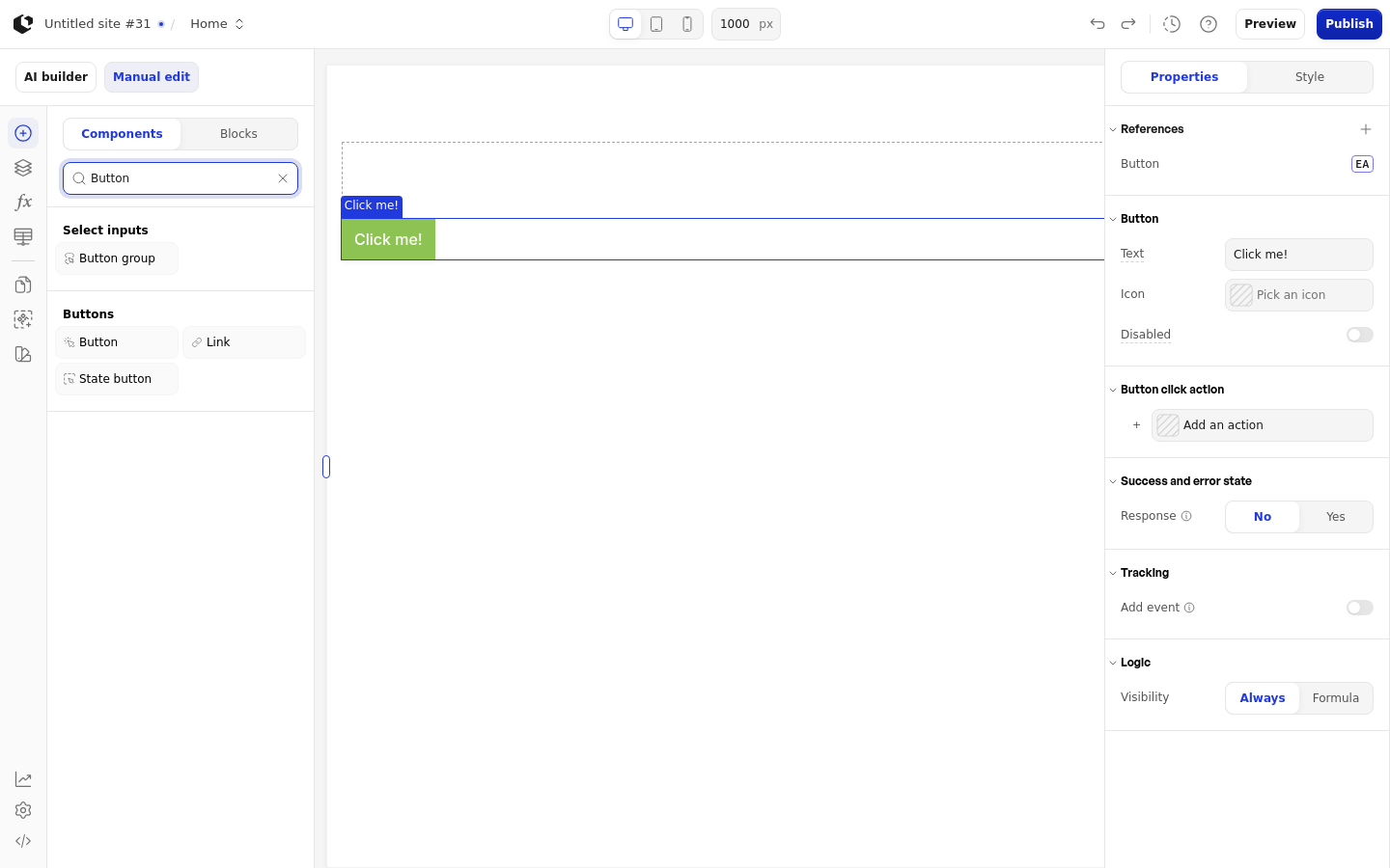 The Button element on the canvas inside a Section, with the add-element panel open and the Button selected in the components list.