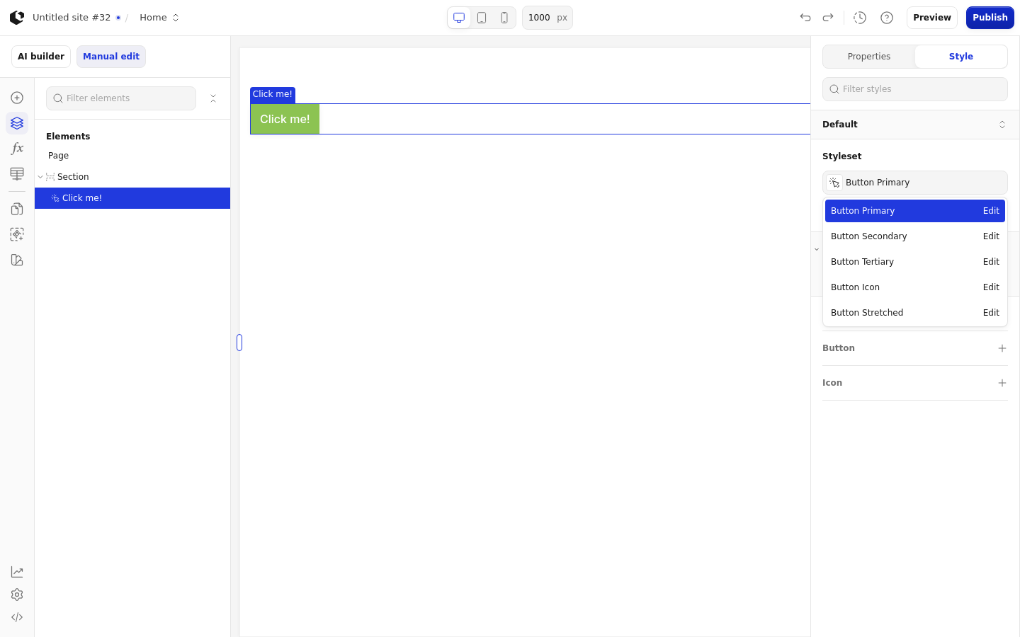The Style tab with the style sets dropdown open, listing the Button style sets: Button Primary, Button Secondary, Button Tertiary, Button Icon, and Button Stretched.