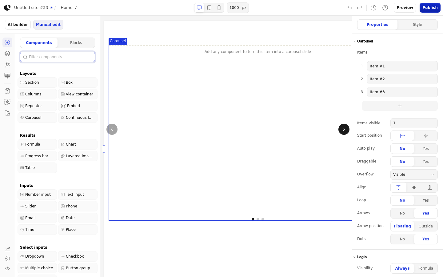 The Carousel element on the canvas inside a Section, with the add-element panel open and the Carousel selected in the components list.