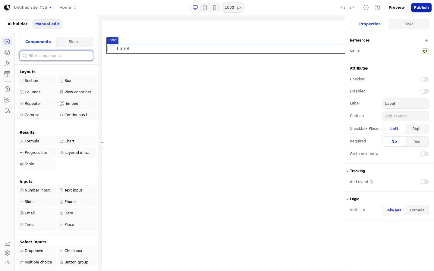 The Checkbox element on the canvas inside a Section, with the add-element panel open and the Checkbox selected in the components list.