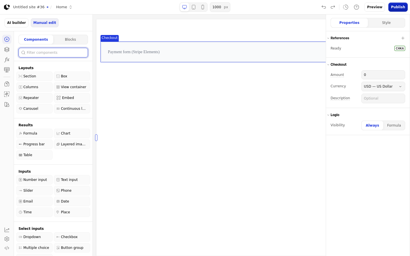 The Checkout element on the canvas inside a Section, with the add-element panel open and the Checkout selected in the components list.