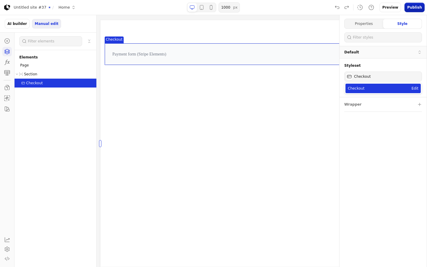 The Style tab with the style sets dropdown open, listing the Checkout style set.