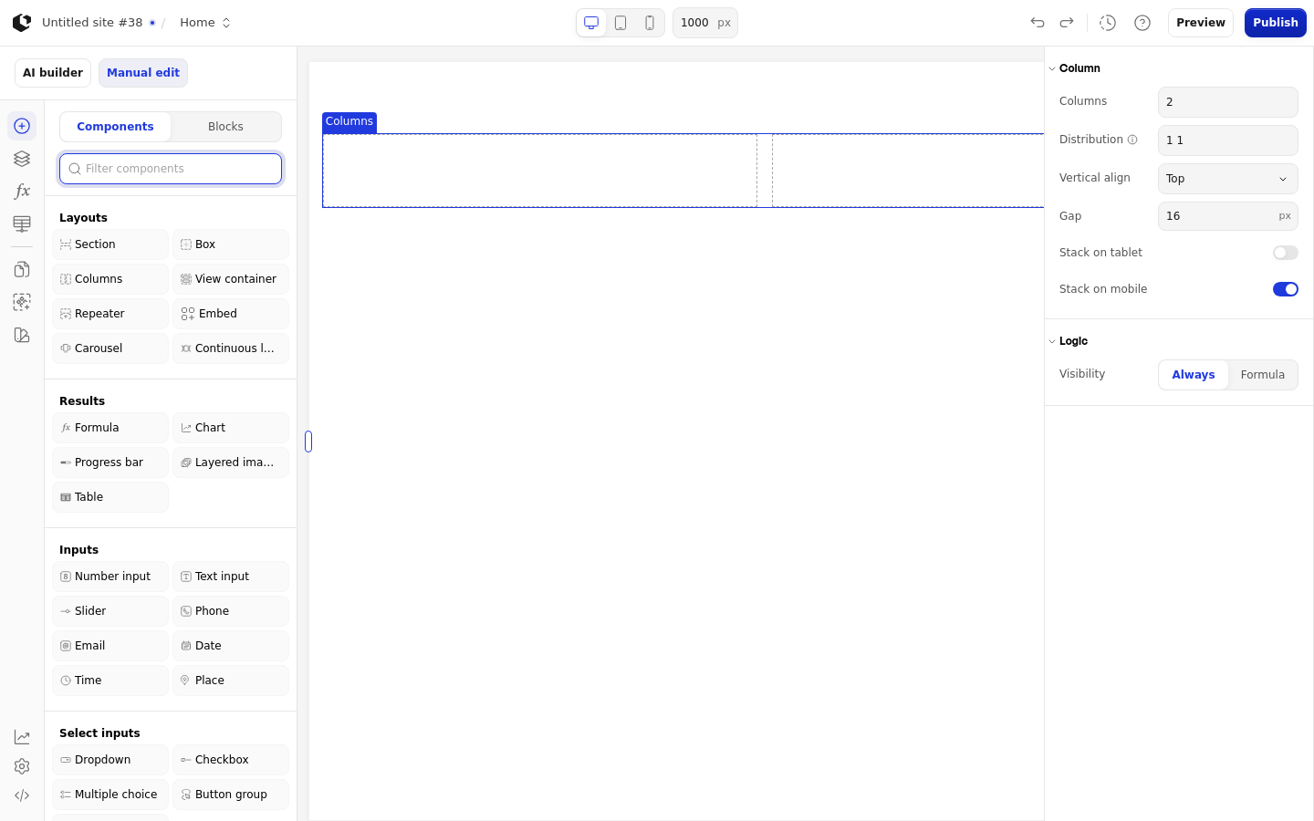 The Columns element on the canvas inside a Section, with the add-element panel open and the Columns selected in the components list.