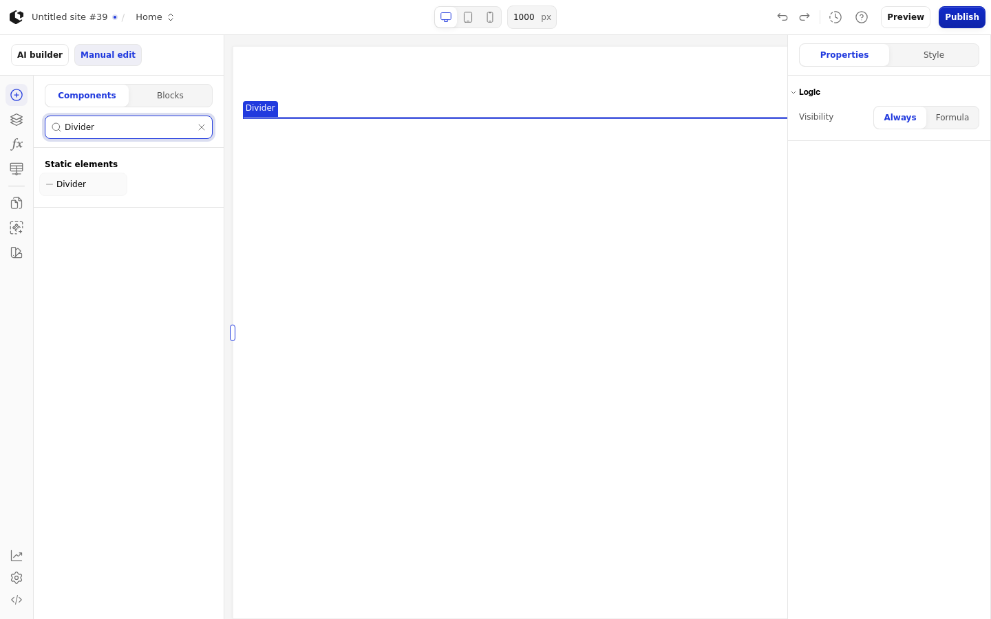 The Divider element on the canvas inside a Section, with the add-element panel open and the Divider selected in the components list.