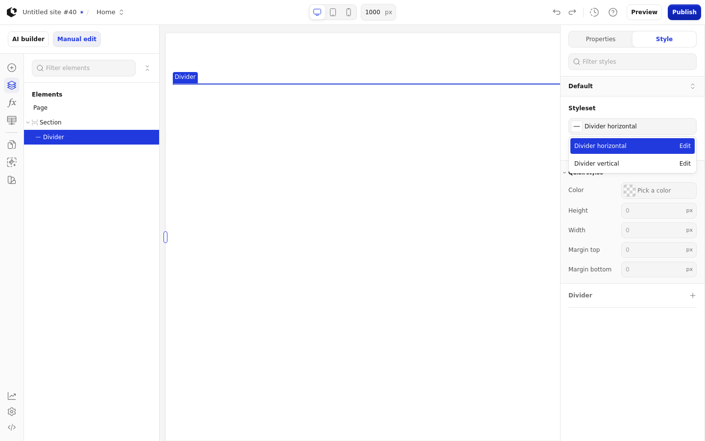 The Style tab with the style sets dropdown open, listing the Divider style sets: Divider horizontal and Divider vertical.