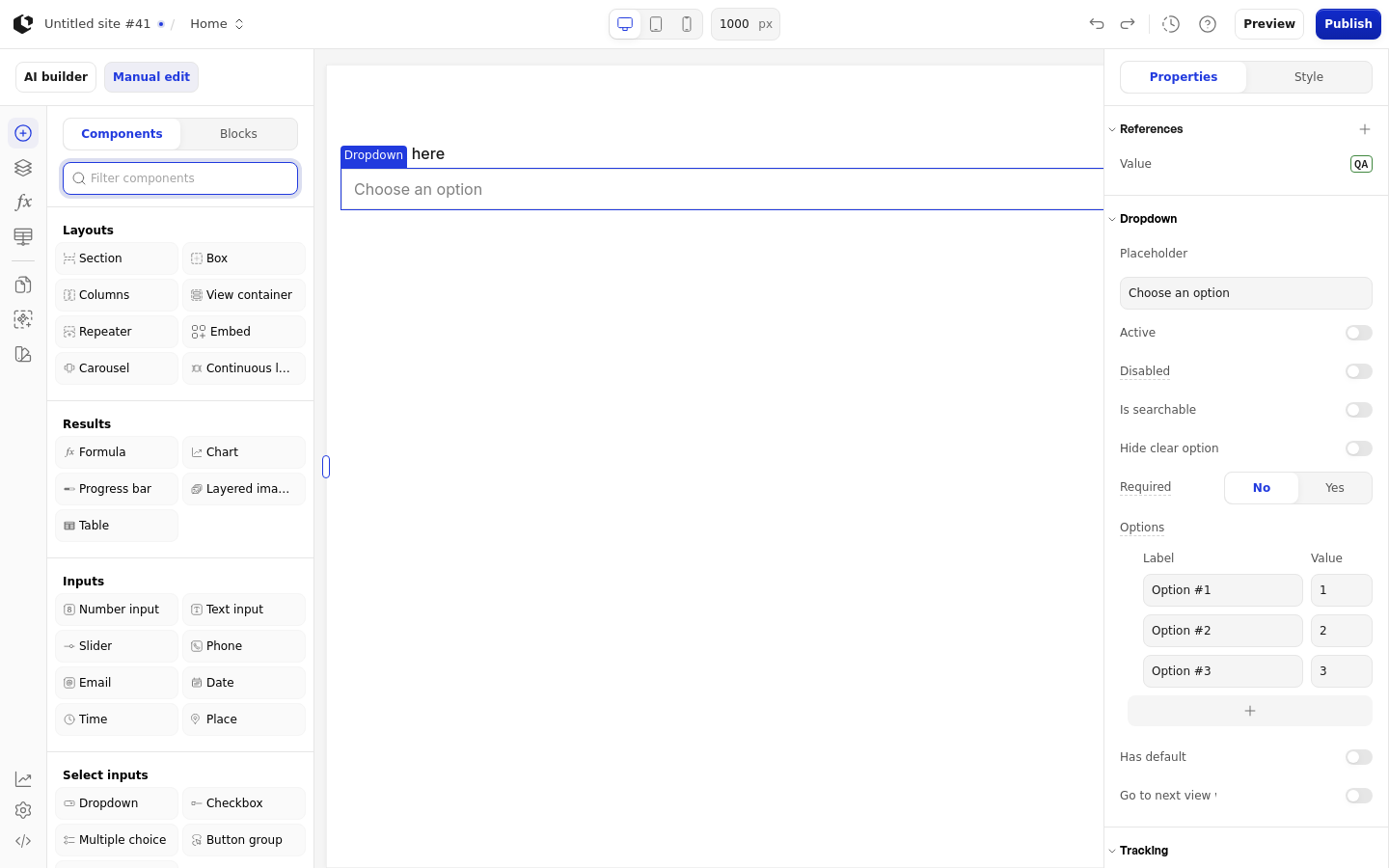 The Dropdown element on the canvas inside a Section, with the add-element panel open and the Dropdown selected in the components list.