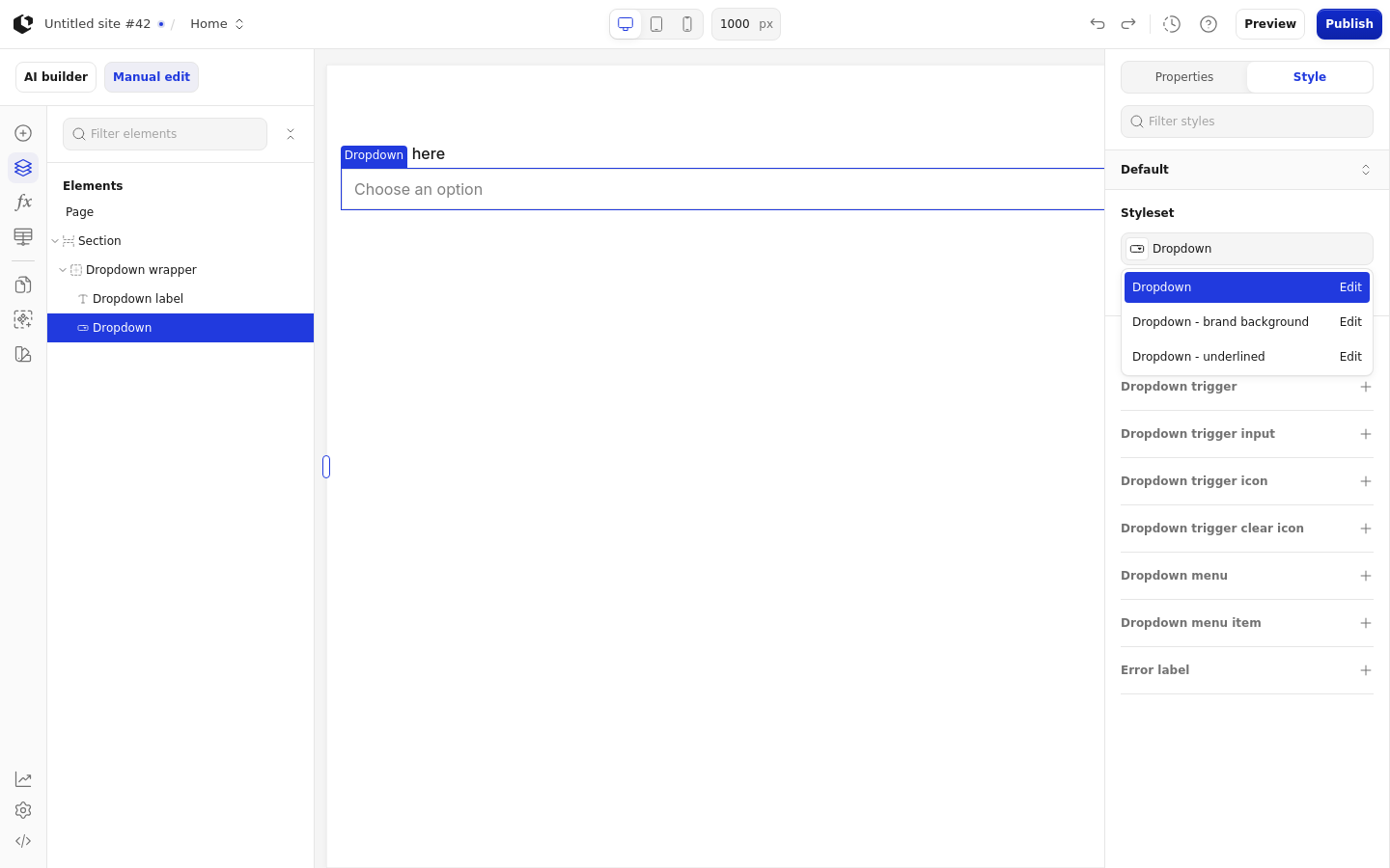 The Style tab with the style sets dropdown open, listing the Dropdown style sets: Dropdown, Dropdown - brand background, and Dropdown - underlined.