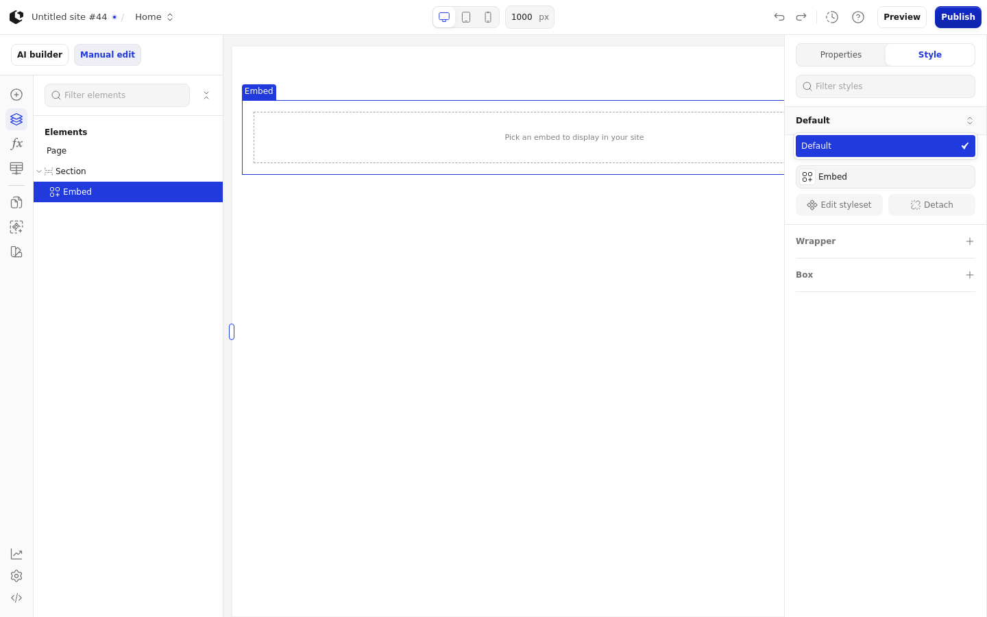 The Style tab with the style sets dropdown open, listing the Embed (default) style set.