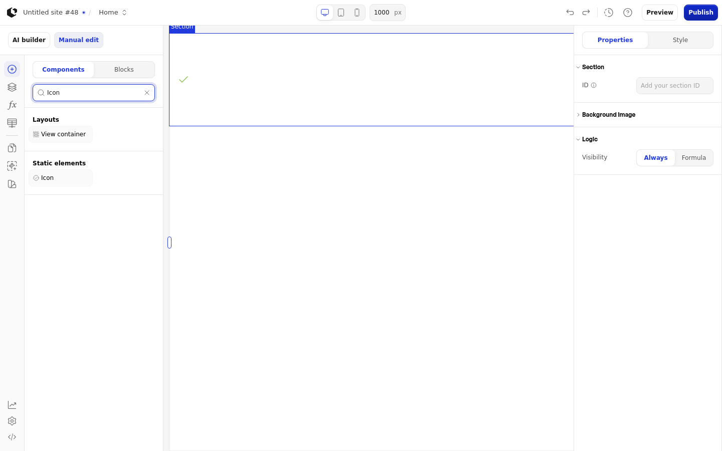 The Icon element on the canvas inside a Section, with the add-element panel open and the Icon selected in the components list.