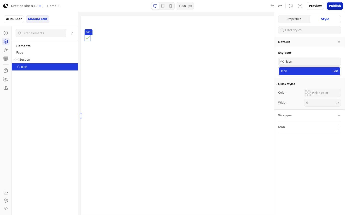 The Style tab with the style sets dropdown open, listing the Icon style sets: Icon and default.