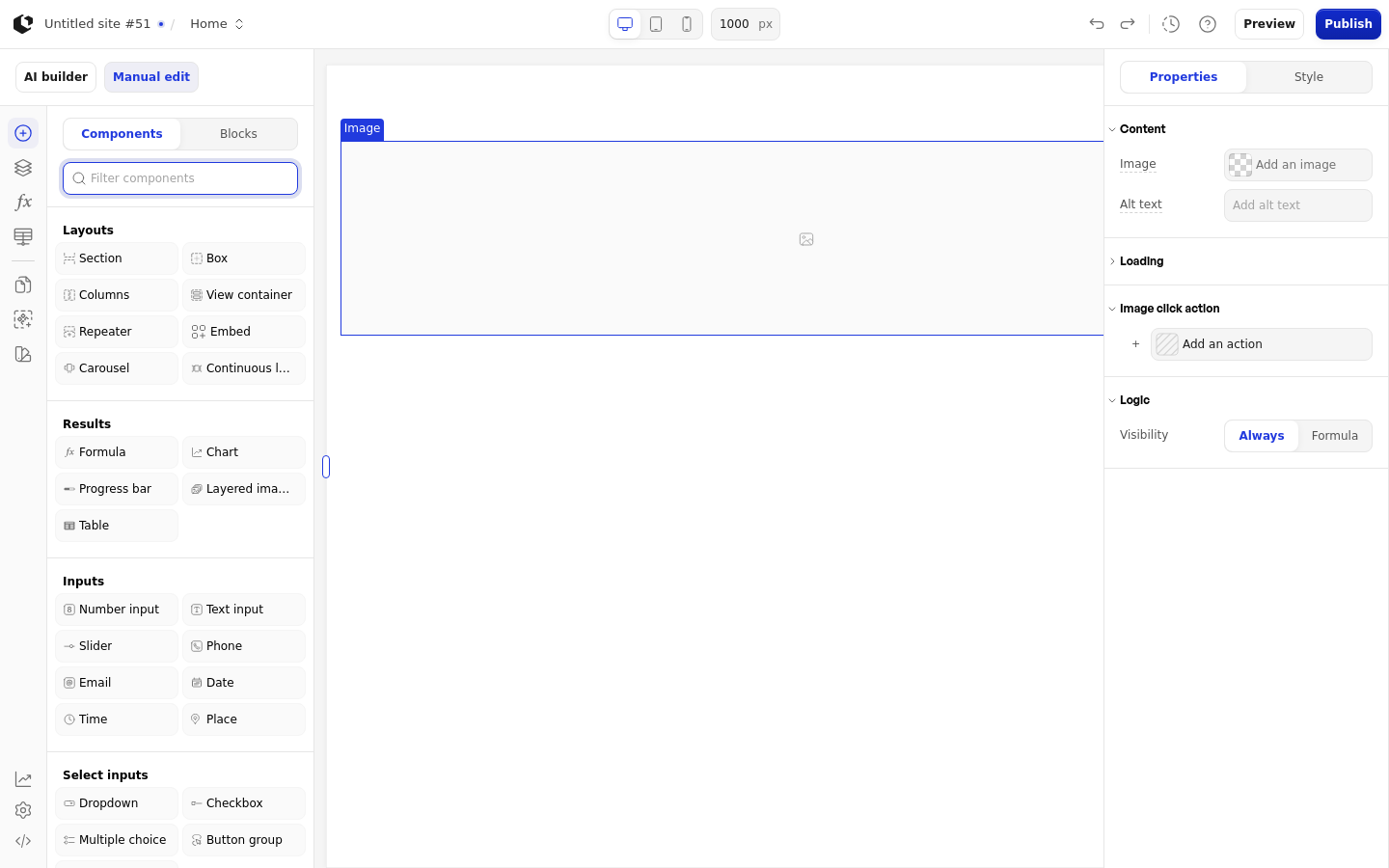 The Image element on the canvas inside a Section, with the add-element panel open and the Image selected in the components list.