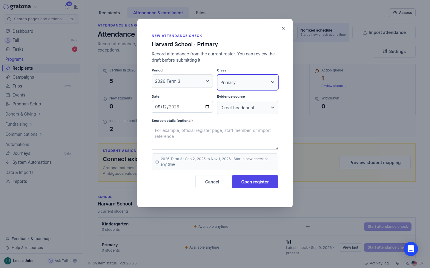 New attendance check dialog with Period, Class, Date, and Evidence source fields for a class.