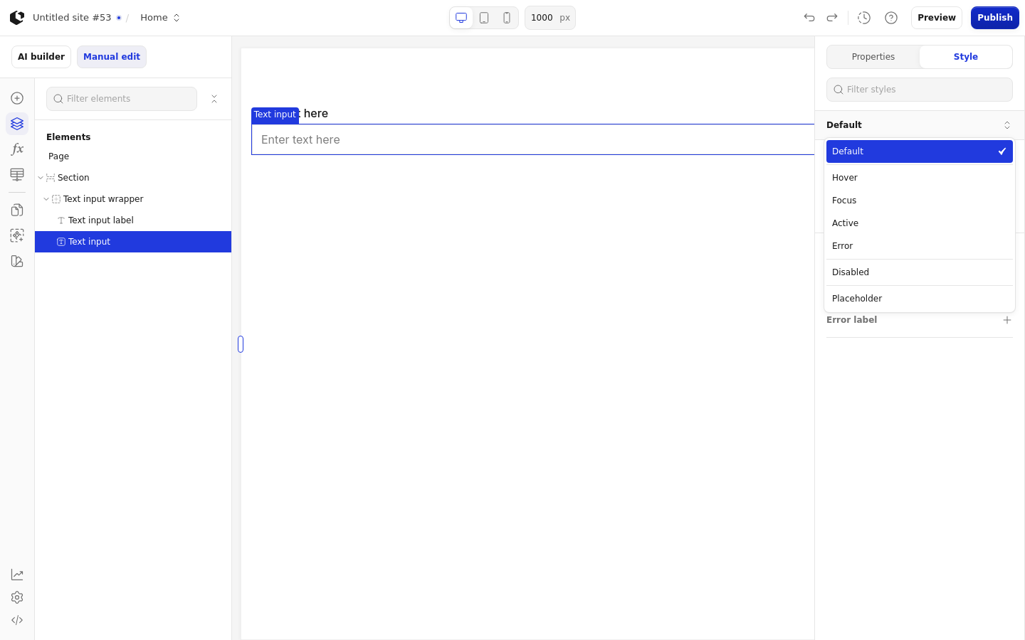 The Style tab with the style sets dropdown open, listing the Text input style sets: Text input, Text input - brand background, and Text input - underlined.