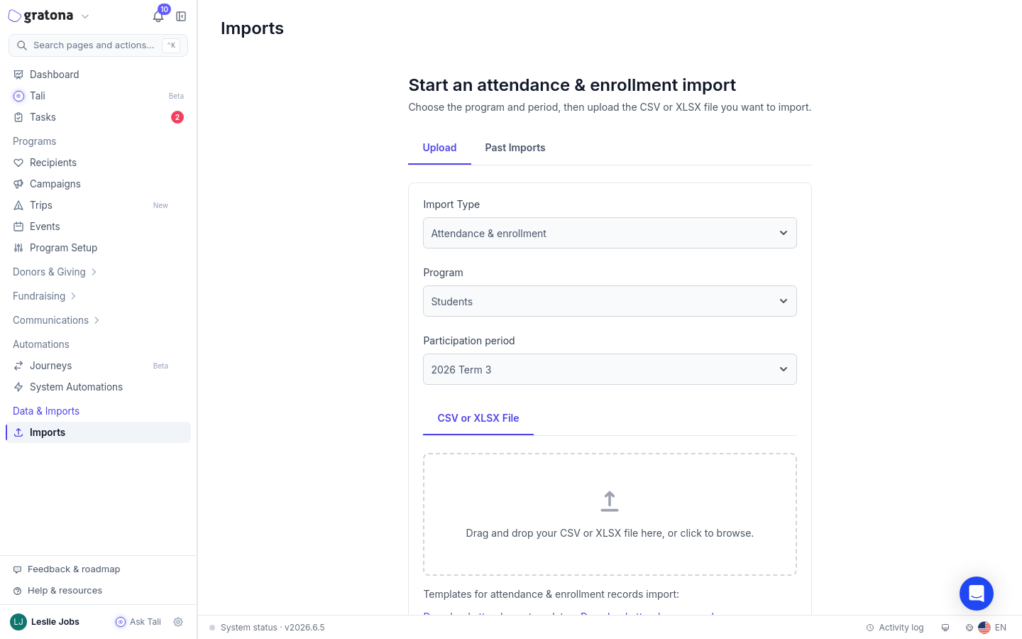 Attendance import flow at the Upload stage, with the Participation period selector and the CSV or XLSX file upload area.