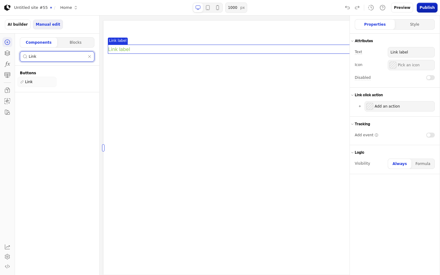 The Link element on the canvas inside a Section, with the add-element panel open and the Link selected in the components list.