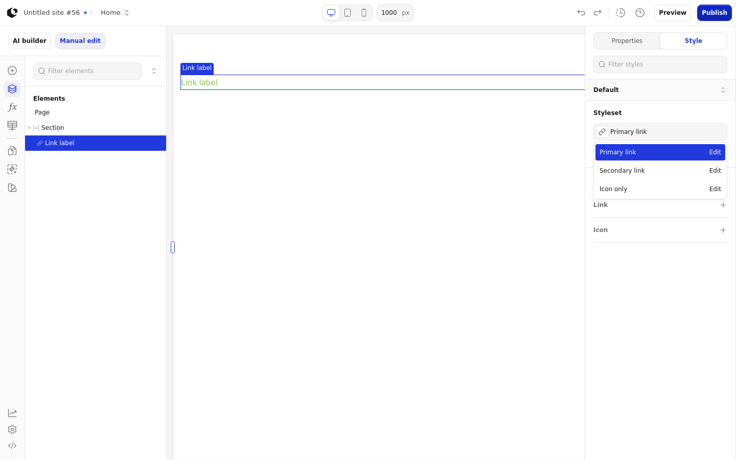 The Style tab with the style sets dropdown open, listing the Link style sets: Primary link, Secondary link, and Icon only.