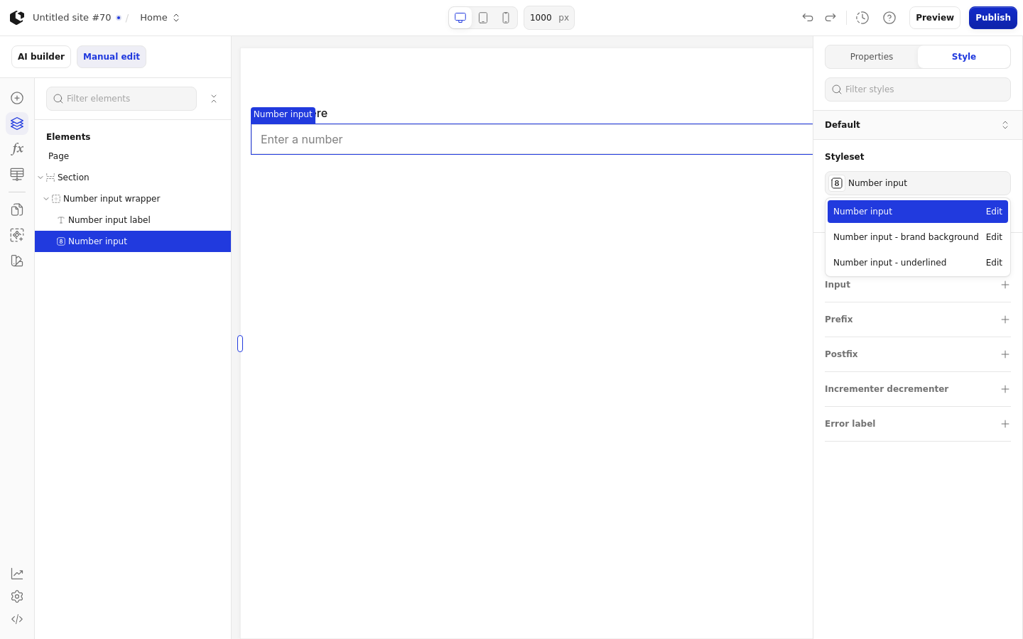 The Style tab with the style sets dropdown open, listing the Number input style sets: Number input, Number input - brand background, and Number input - underlined.