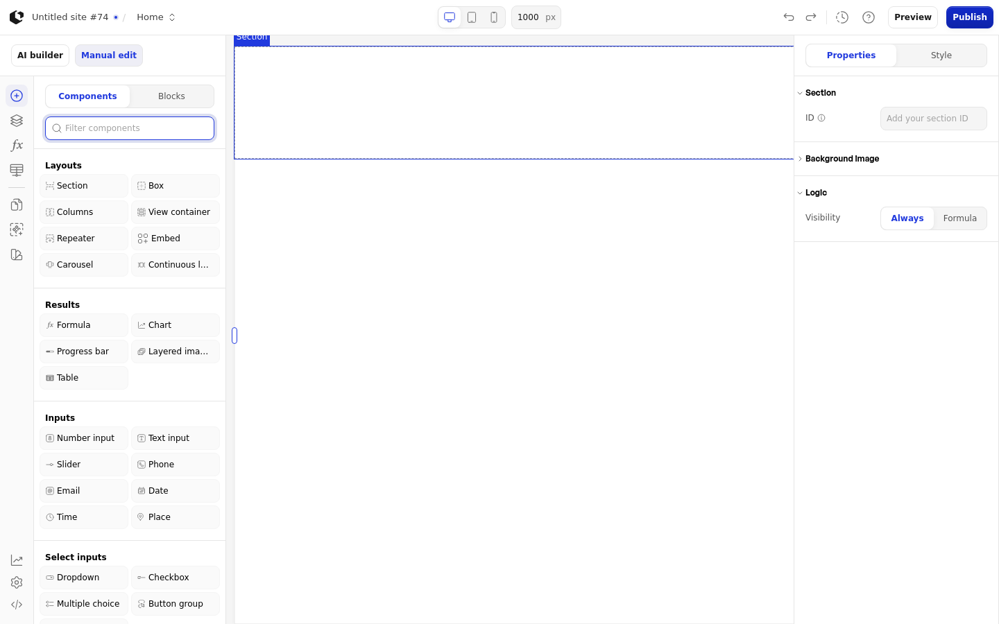 The Section element on the canvas, with the add-element panel open and the Section selected in the components list.