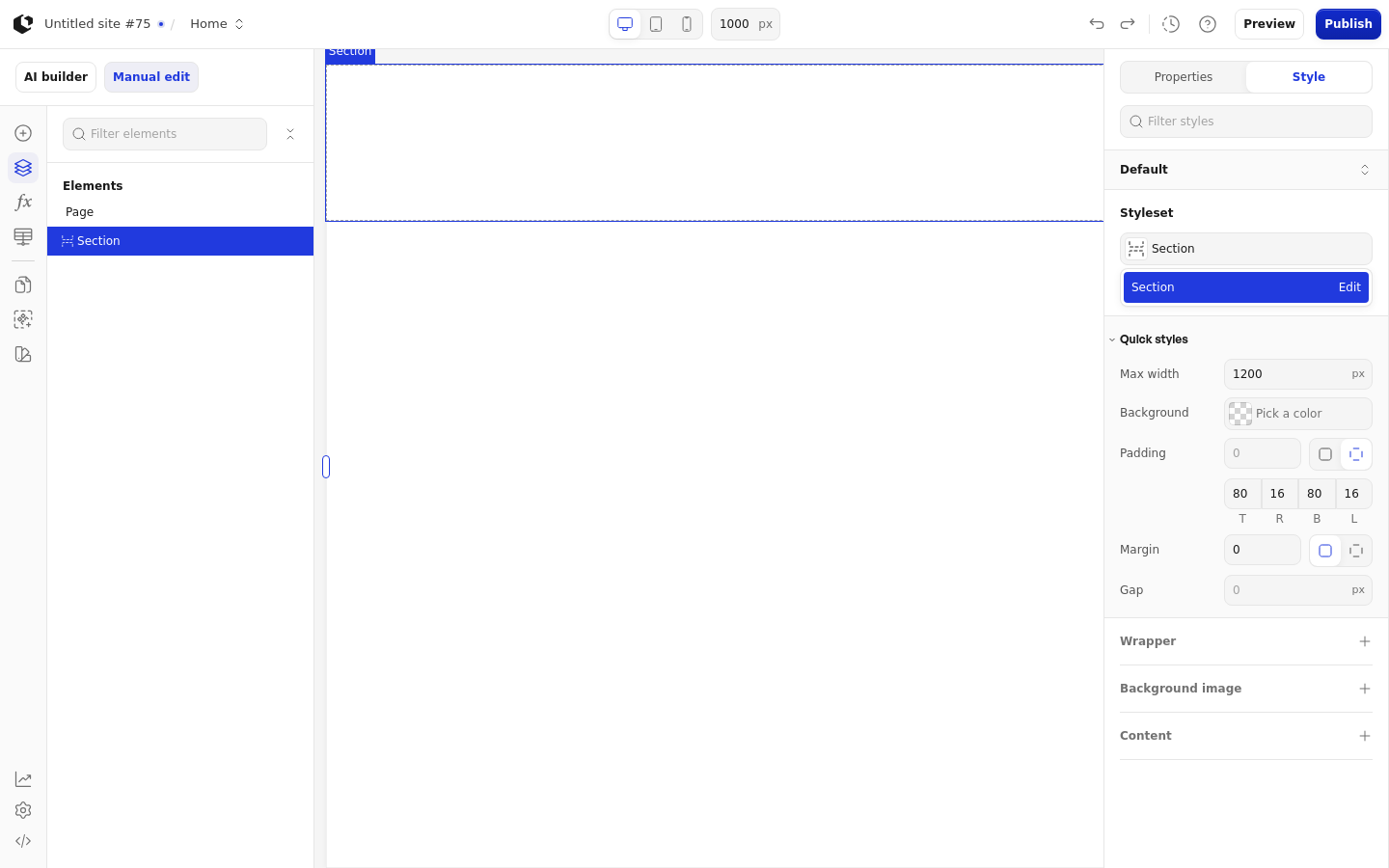 The Style tab with the style sets dropdown open, listing the Section style set.