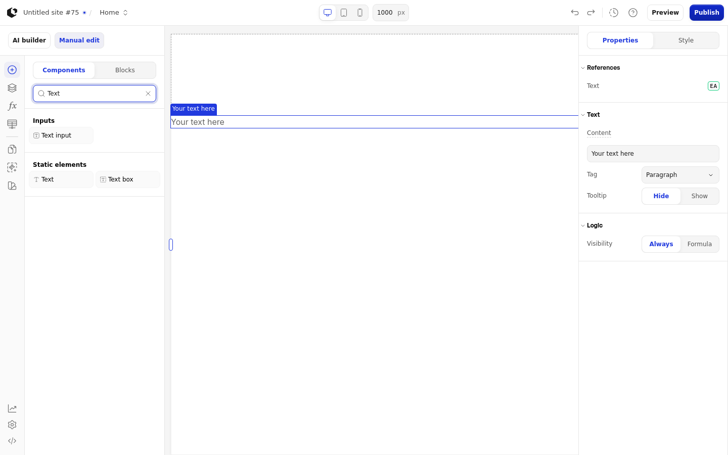 The Text element on the canvas inside a Section, with the add-element panel open and the Text selected in the components list.