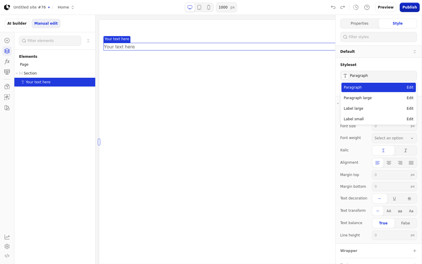 The Style tab with the style sets dropdown open, listing the Text style sets: Paragraph, Paragraph large, Label large, and Label small.