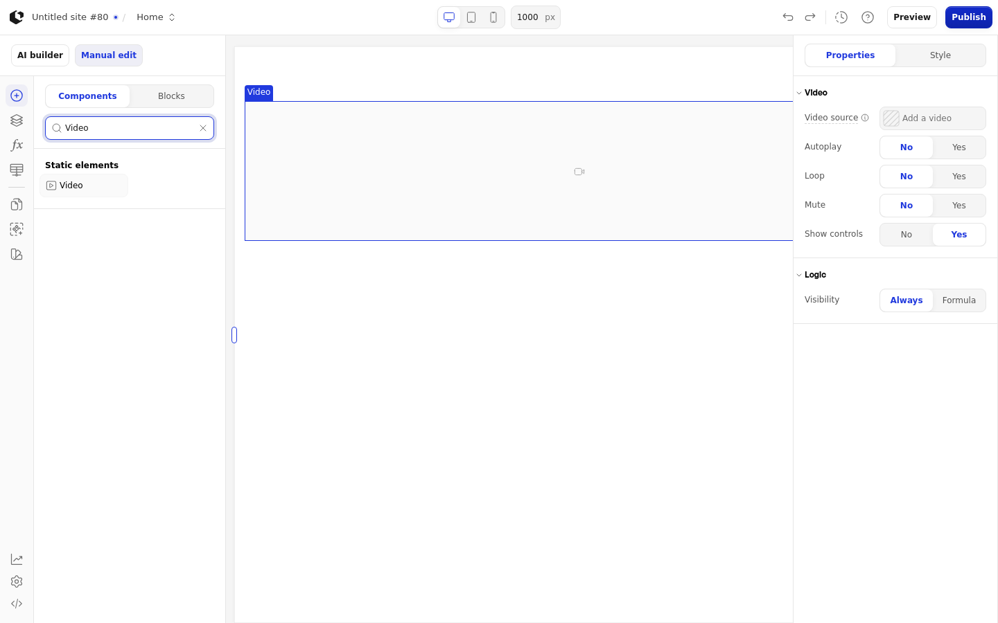 The Video element on the canvas inside a Section, with the add-element panel open and the Video selected in the components list.