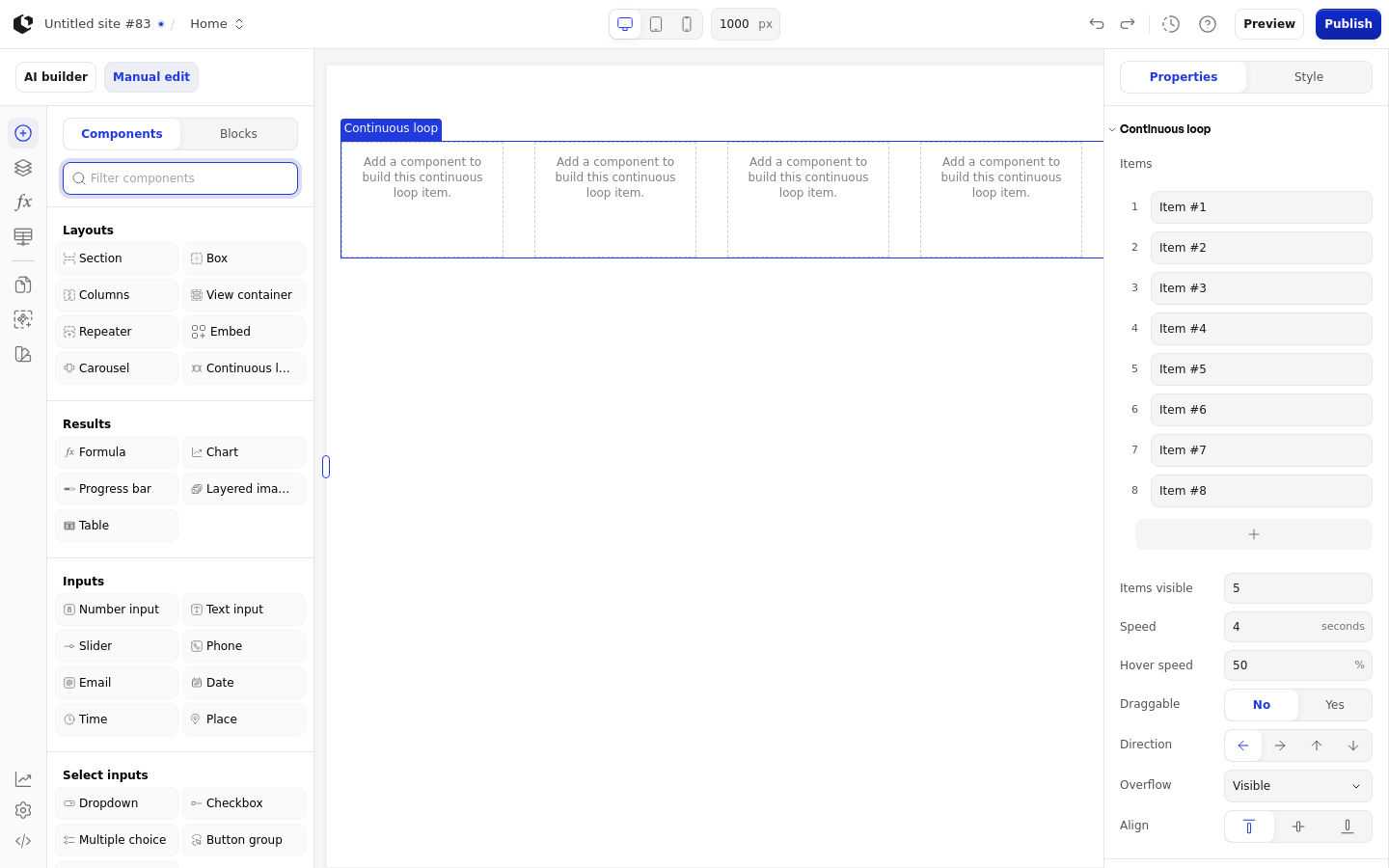 The Continuous loop element on the canvas inside a Section, with the add-element panel open and the Continuous loop selected in the components list.