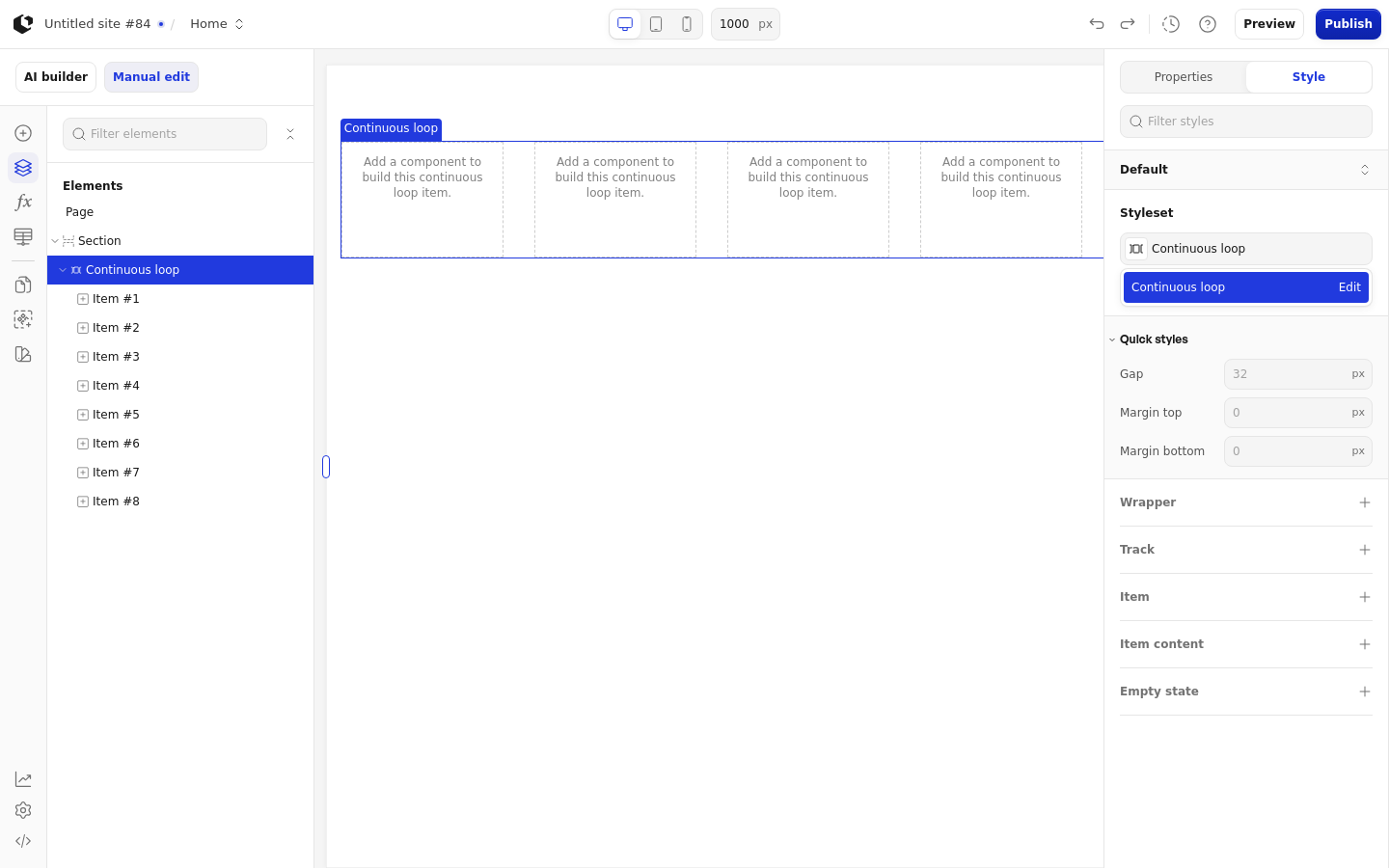 The Style tab with the style sets dropdown open, listing the Continuous loop style set.