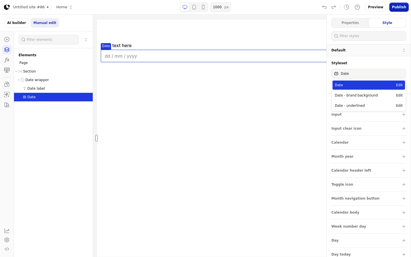 The Style tab with the style sets dropdown open, listing the Date style sets: Date, Date - brand background, and Date - underlined.