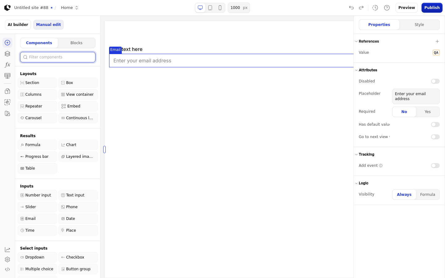 The Email element on the canvas inside a Section, with the add-element panel open and the Email selected in the components list.
