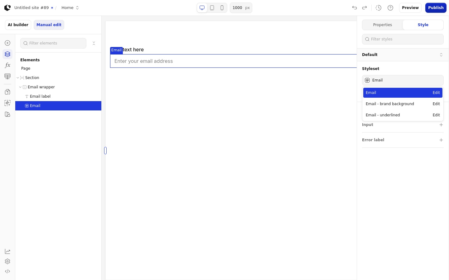 The Style tab with the style sets dropdown open, listing the Email style sets: Email, Email - brand background, and Email - underlined.