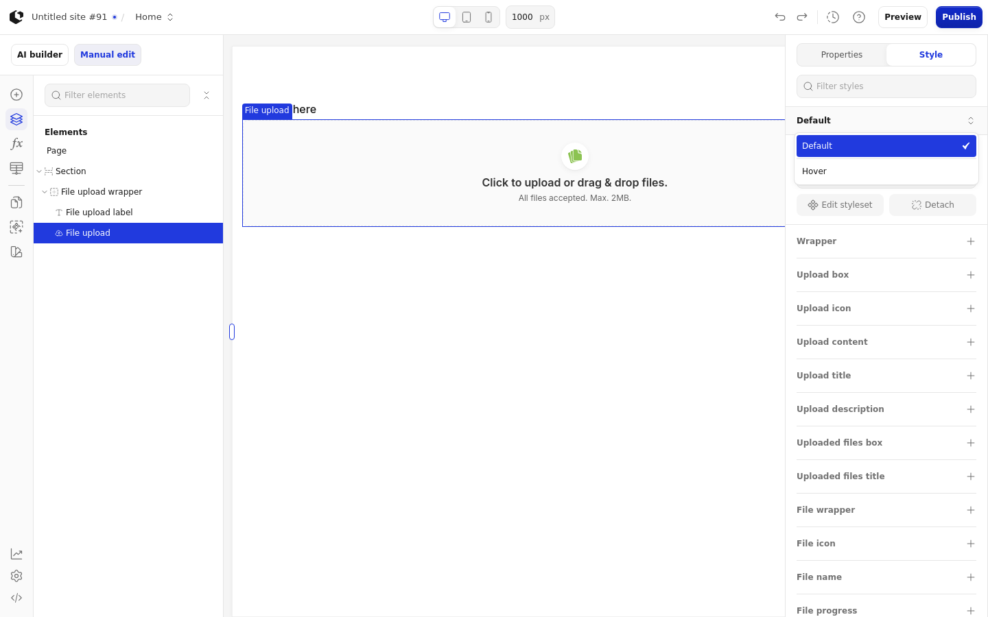 The Style tab with the style sets dropdown open, listing the File upload style set.