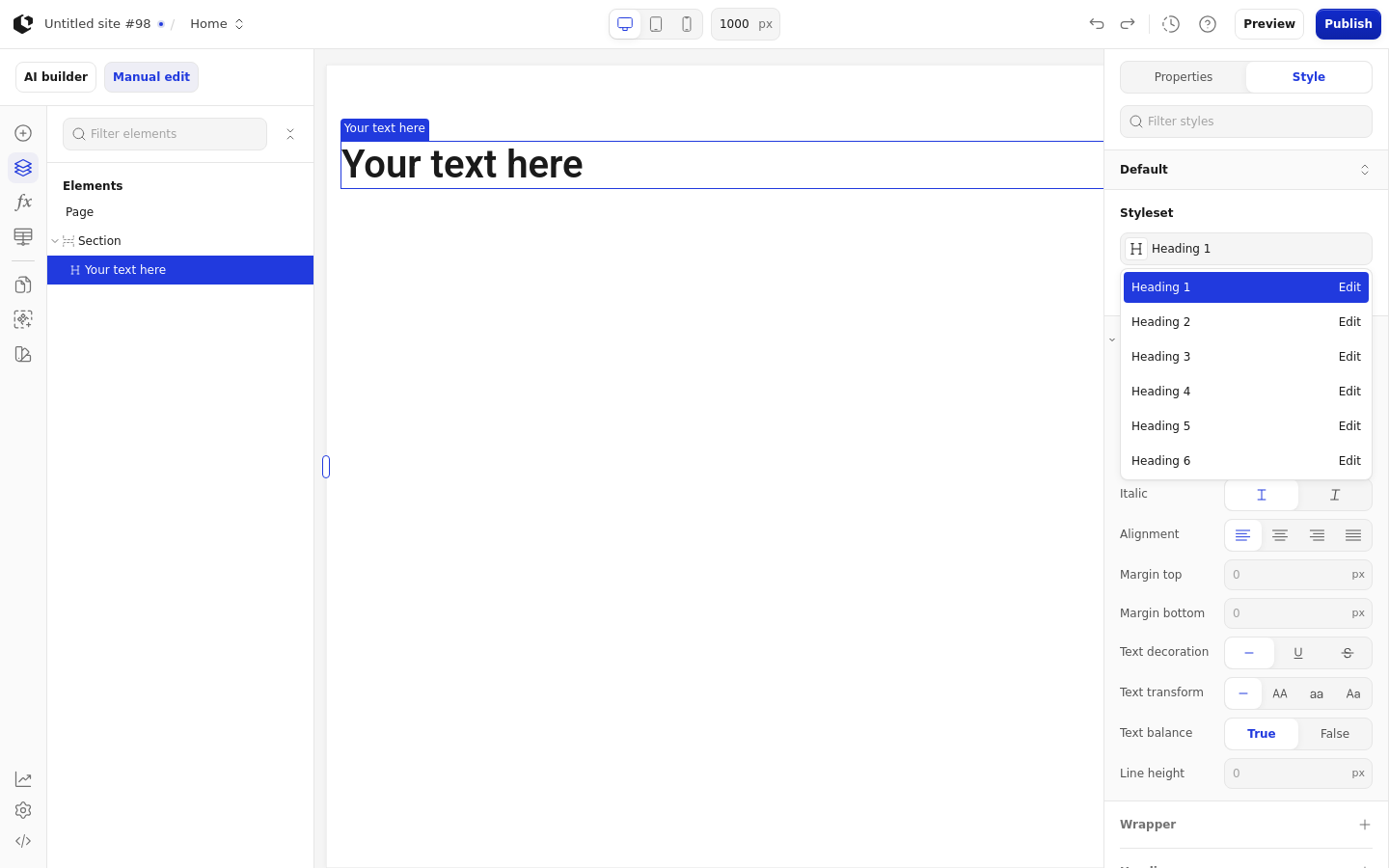 The Style tab with the style sets dropdown open, listing the Heading style sets: Heading 1 through Heading 6.